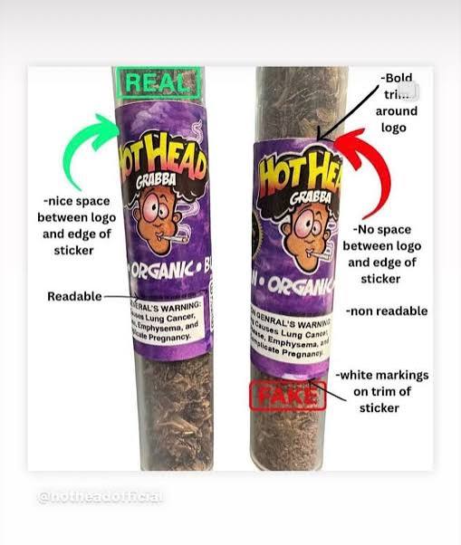 Two Hothead Grabba tubes side by side. The genuine tube on the left has clear space between the logo and the edge of the sticker and readable warning text. The counterfeit tube on the right has a bold trim crowding the logo, no space at the sticker edge, unreadable text and white markings on the trim.